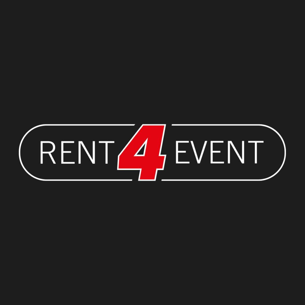Logo von Rent4Event mit weißem Schriftzug und roter Zahl "4" auf schwarzem Hintergrund.