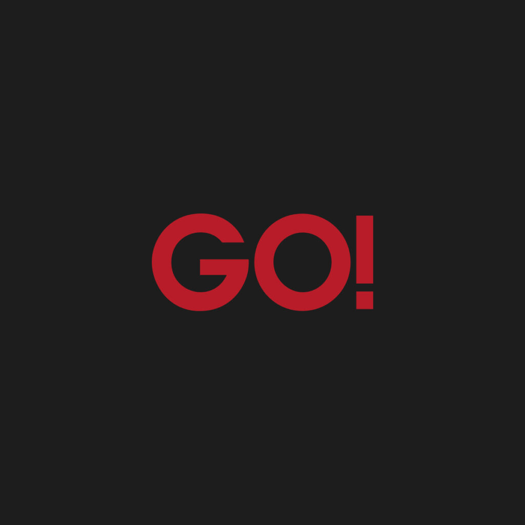 Logo von GO! mit rotem Schriftzug auf schwarzem Hintergrund.