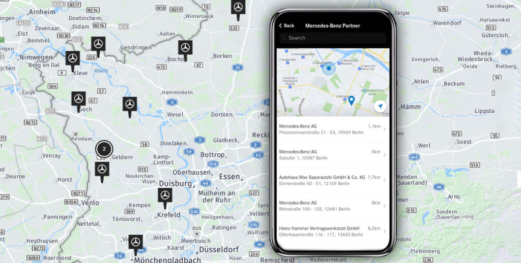 Kartenansicht der digitalen Service App von Mercedes-Benz