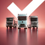 Diesel-Truck zwei Actros und ein Arocs vor einem roten Hintergrund